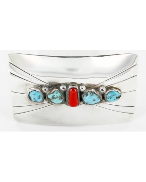 Certified Authentic Navajo .925 Sterling Silver Natural Turquoise and Coral Native American Buckle 1195