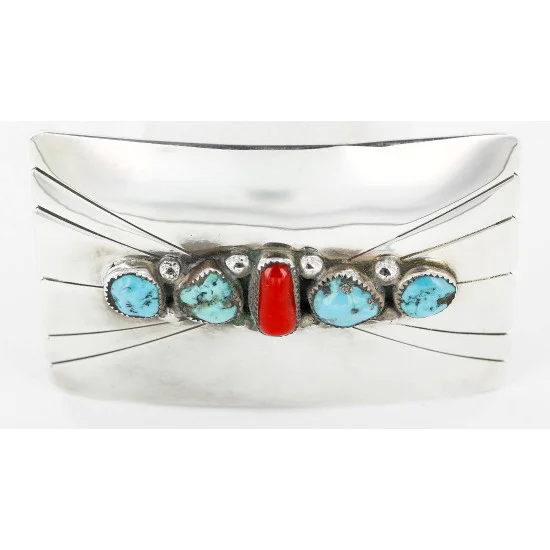 Navajo .925 Sterling Silver Natural Turquoise and Coral Native American Buckle 1195 Navajo .925 Sterling Silver Natural Turquoise and Coral Native American Buckle 1195
