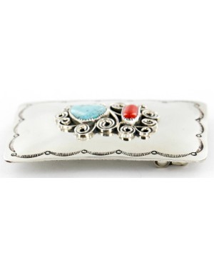 Certified Authentic Flower Navajo Nickel Natural Turquoise and Coral Native American Buckle 1192-2