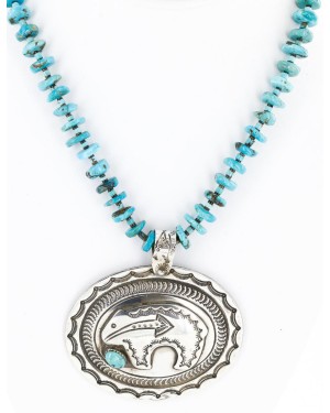 Collectable Large Handmade Certified Authentic Bear Navajo .925 Sterling Silver Natural Turquoise Native American Pendant and Necklace 15026