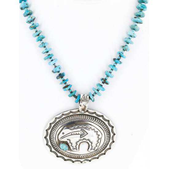 Collectable Large Handmade Certified Authentic Bear Navajo .925 Sterling Silver Natural Turquoise Native American Pendant and Necklace 15026