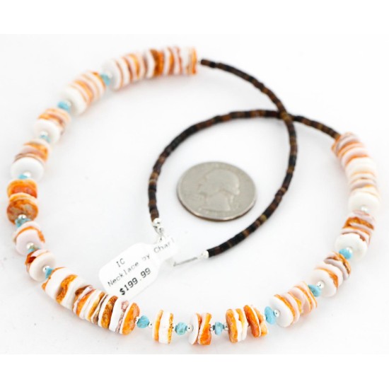 Certified Authentic Navajo .925 Sterling Silver Natural Turquoise Spiny Oyster Set Native American Necklace and Earrings 16038-18084