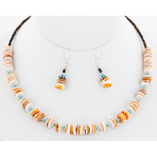 Certified Authentic Navajo .925 Sterling Silver Natural Turquoise Spiny Oyster Set Native American Necklace and Earrings 16038-18084