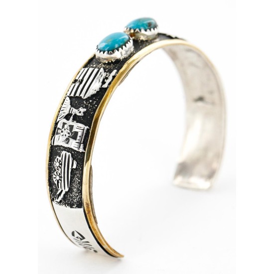 12kt Gold Filled and .925 Sterling Silver Handmade Storyteller Certified Authentic Navajo Turquoise Native American Bracelet 12638
