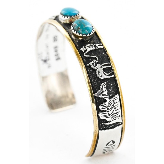 12kt Gold Filled and .925 Sterling Silver Handmade Storyteller Certified Authentic Navajo Turquoise Native American Bracelet 12638