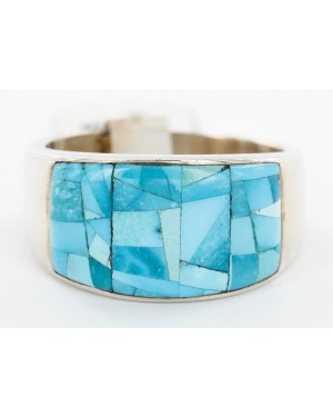 Handmade Certified Authentic Mosaic Inlay Signed Navajo .925 Sterling Silver Natural Turquoise Native American Ring  17923