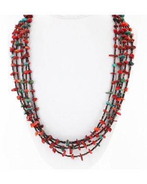 Large Certified Authentic 5 Strands Navajo Native .925 Sterling Silver Turquoise and Coral Native American Necklace 750132-3