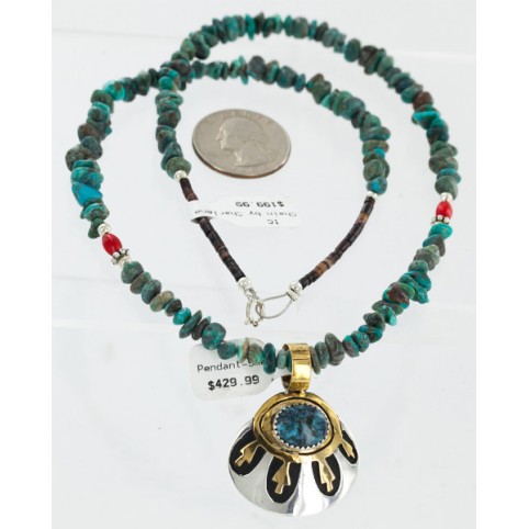 .925 Sterling Silver and 12kt Gold Filled Handmade Eye Certified Authentic Navajo Turquoise Native American Necklace 24303-9