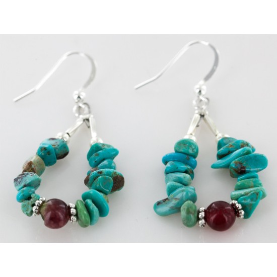 Certified Authentic Navajo .925 Sterling Silver Hooks Natural Turquoise Red Quartz Native American Earrings 18069