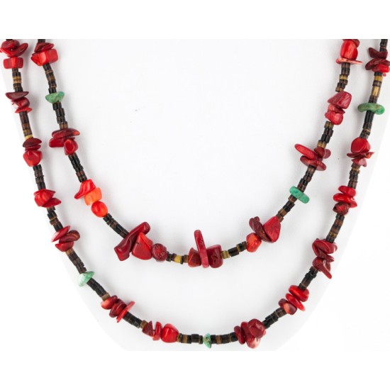 Certified Authentic 2 Strand Navajo .925 Sterling Silver Turquoise and Coral Native American Necklace 750161