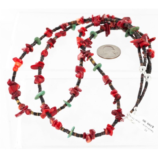 Certified Authentic 2 Strand Navajo .925 Sterling Silver Turquoise and Coral Native American Necklace 750161