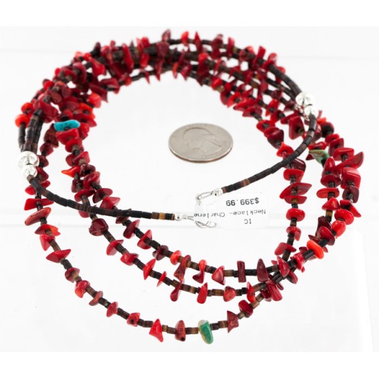 Certified Authentic 3 Strand Navajo .925 Sterling Silver Turquoise and Coral Native American Necklace 750158