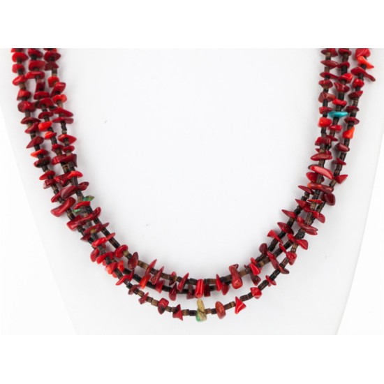 Certified Authentic 3 Strand Navajo .925 Sterling Silver Turquoise and Coral Native American Necklace 750158