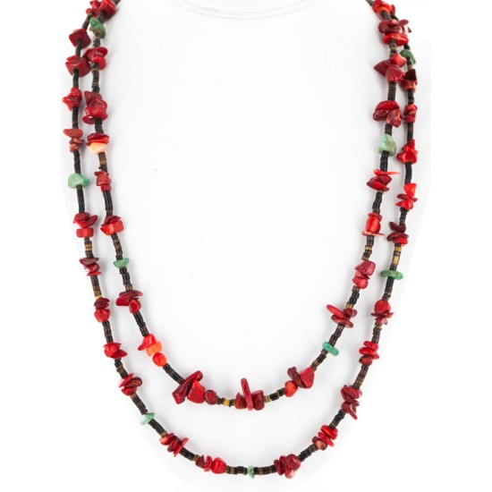Certified Authentic 2 Strand Navajo .925 Sterling Silver Turquoise and Coral Native American Necklace 750161