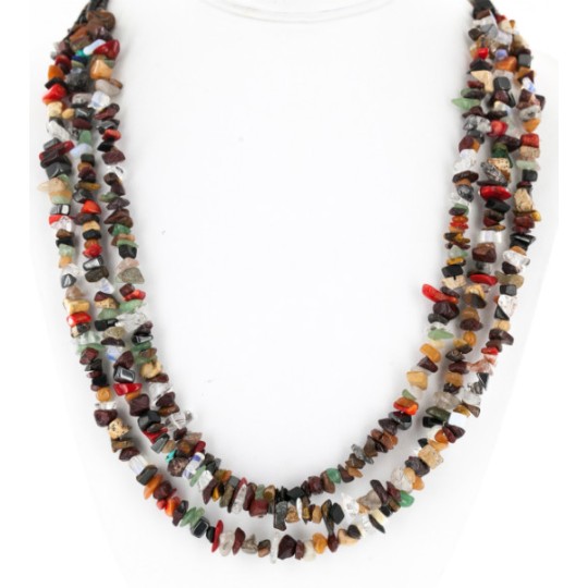 Large Certified Authentic 3 Strand Navajo .925 Sterling Silver Multicolor Stones Native American Necklace 750144-5