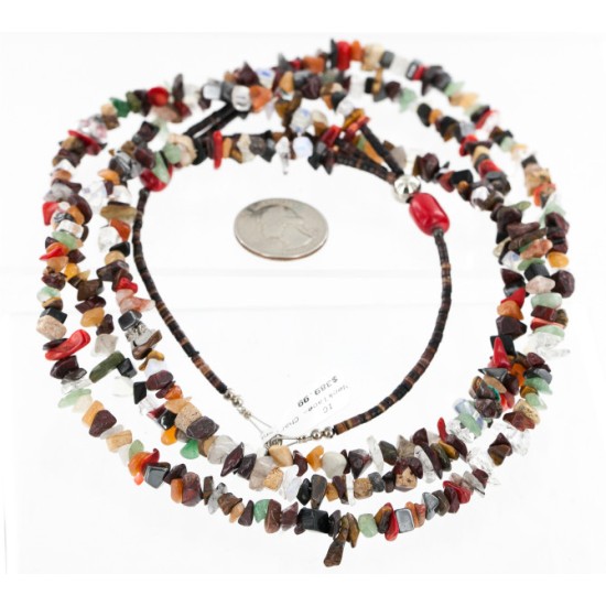 Large Certified Authentic 3 Strand Navajo .925 Sterling Silver Multicolor Stones Native American Necklace 750144-5
