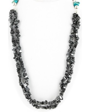Certified Authentic 2 Strand Navajo .925 Sterling Silver Turquoise and Hematite Native American Necklace 16008