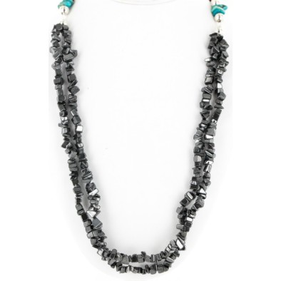Certified Authentic 2 Strand Navajo .925 Sterling Silver Turquoise and Hematite Native American Necklace 16008