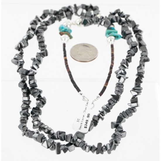 Certified Authentic 2 Strand Navajo .925 Sterling Silver Turquoise and Hematite Native American Necklace 16008