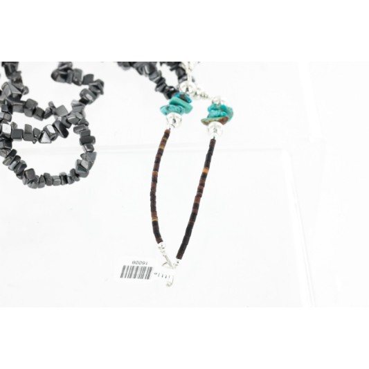Certified Authentic 2 Strand Navajo .925 Sterling Silver Turquoise and Hematite Native American Necklace 16008