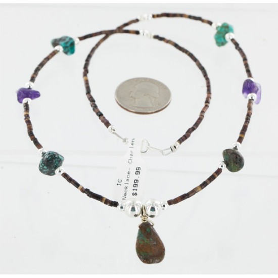 Delicate Certified Authentic Navajo .925 Sterling Silver Heishi Amethyst and Turquoise Native American Necklace 750160