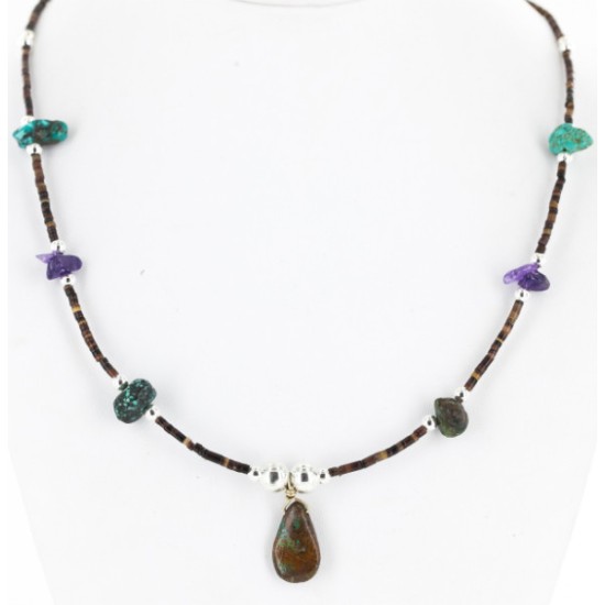 Delicate Certified Authentic Navajo .925 Sterling Silver Heishi Amethyst and Turquoise Native American Necklace 750160