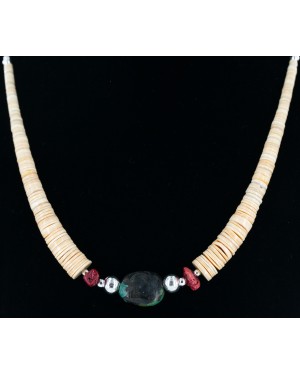 $250 Certified Authentic Navajo .925 Sterling Silver Graduated Heishi Turquoise and Coral Native American Necklace 25240