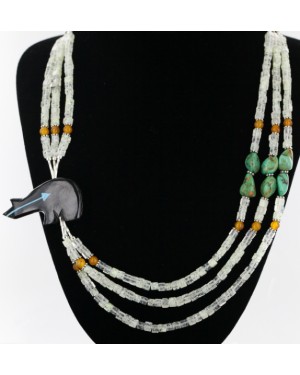 Certified Authentic 3 Strand Navajo .925 Sterling Silver Turquoise Quartz and Onyx Native American Necklace 25243