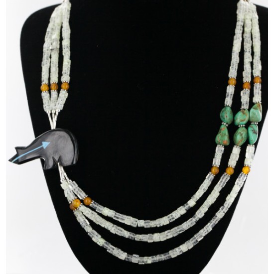 Certified Authentic 3 Strand Navajo .925 Sterling Silver Turquoise Quartz and Onyx Native American Necklace 25243