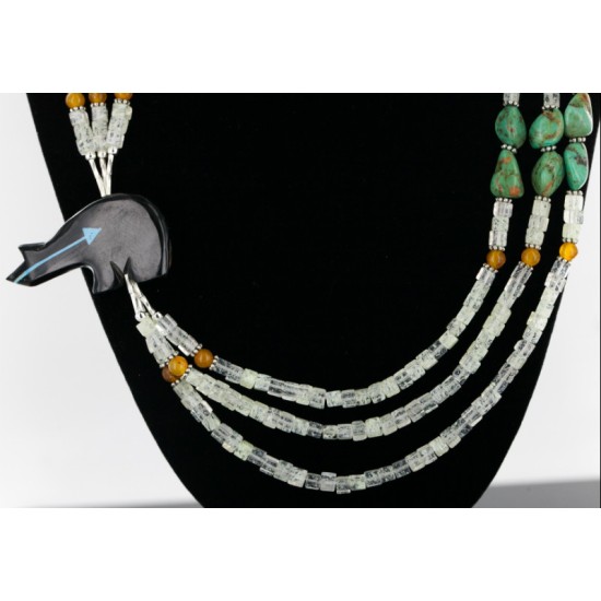 Certified Authentic 3 Strand Navajo .925 Sterling Silver Turquoise Quartz and Onyx Native American Necklace 25243