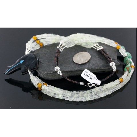 Certified Authentic 3 Strand Navajo .925 Sterling Silver Turquoise Quartz and Onyx Native American Necklace 25243