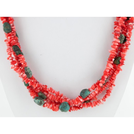 Certified Authentic 5 Strand Twisted Navajo .925 Sterling Silver Turquoise and Coral Native American Necklace 1594055