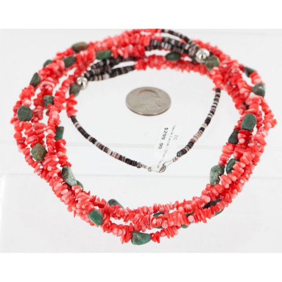 Certified Authentic 5 Strand Twisted Navajo .925 Sterling Silver Turquoise and Coral Native American Necklace 1594055