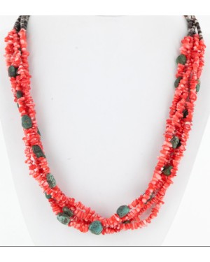 Certified Authentic 5 Strand Twisted Navajo .925 Sterling Silver Turquoise and Coral Native American Necklace 1594055