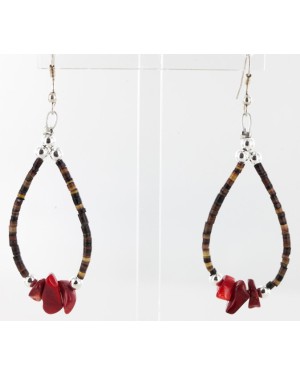 Certified Authentic Navajo .925 Sterling Silver Hooks Natural CORAL and Heishi Hoop Native American Earrings 18059