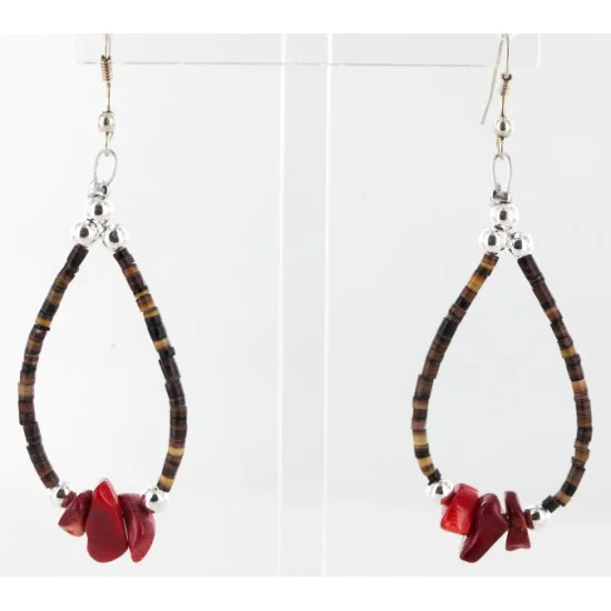 Navajo .925 Sterling Silver Hooks Natural CORAL and Heishi Hoop Native American Earrings 18059 Navajo .925 Sterling Silver Hooks Natural CORAL and Heishi Hoop Native American Earrings 18059