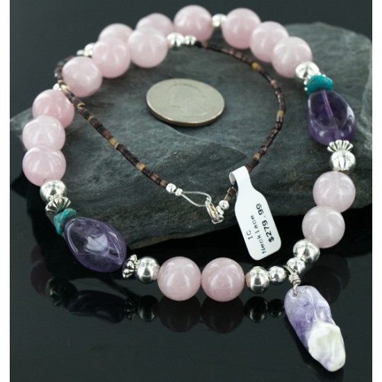 Certified Authentic Navajo .925 Sterling Silver Turquoise Amythyst Pink Agate Native American Necklace 16000