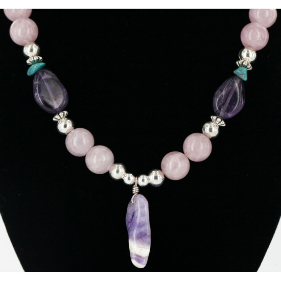 Certified Authentic Navajo .925 Sterling Silver Turquoise Amythyst Pink Agate Native American Necklace 16000