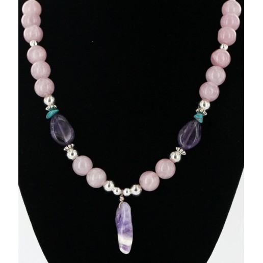 Certified Authentic Navajo .925 Sterling Silver Turquoise Amythyst Pink Agate Native American Necklace 16000