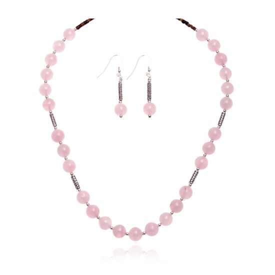.925 Sterling Silver Certified Authentic Navajo Native American Natural Pink Quartz Set 18235-1-18237-1