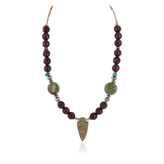 Arrow head .925 Sterling Silver Certified Authentic Navajo Natural Green and Red Jasper Native American Necklace 750208-3