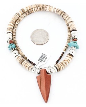 Certified Authentic Navajo .925 Sterling Silver Graduated Melon Shell and Goldstone Native American Arrowhead Necklace 371049299723