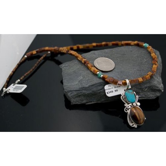 Certified Authentic Navajo .925 Sterling Silver Natural Turquoise and Tigers Eye Native American Necklace 390609530016