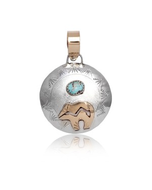 Bear 12kt Gold Filled and .925 Sterling Silver Certified Authentic Handmade Navajo Native American Natural Turquoise Pendant 17022-3