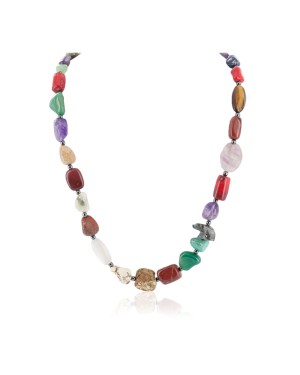 Bear Certified Authentic .925 Sterling Silver Navajo Natural Turquoise Multicolor Stones Native American Necklace 750195-2