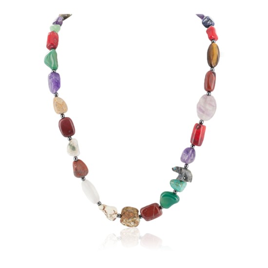 Bear Certified Authentic .925 Sterling Silver Navajo Natural Turquoise Multicolor Stones Native American Necklace 750195-2