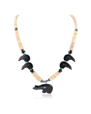 Bear Certified Authentic Navajo .925 Sterling Silver Natural Graduated Melon Shell Turquoise Resin Black Onyx Hematite Native American Necklace 25225-2