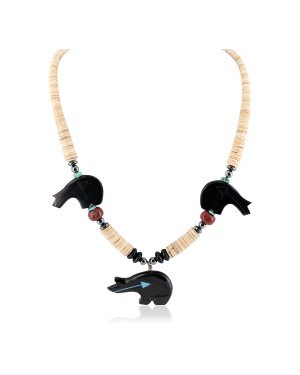 Bear Certified Authentic Navajo .925 Sterling Silver Natural Graduated Melon Shell Turquoise Resin Black Onyx Red Jasper Hematite Native American Necklace 25225-4