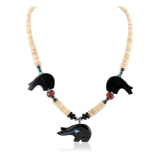 Bear Certified Authentic Navajo .925 Sterling Silver Natural Graduated Melon Shell Turquoise Resin Black Onyx Red Jasper Hematite Native American Necklace 25225-4