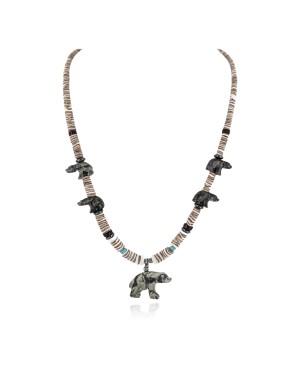 Bear Certified Authentic Navajo .925 Sterling Silver Natural Hematite Graduated Heishi Turquoise Jasper Native American Necklace 16049-2